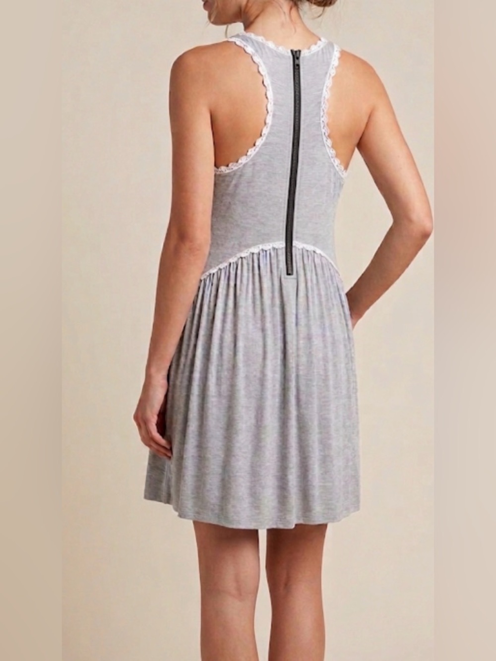 POL anthropology Gray Tank Dress with White Lace Trim babydoll beach casual
